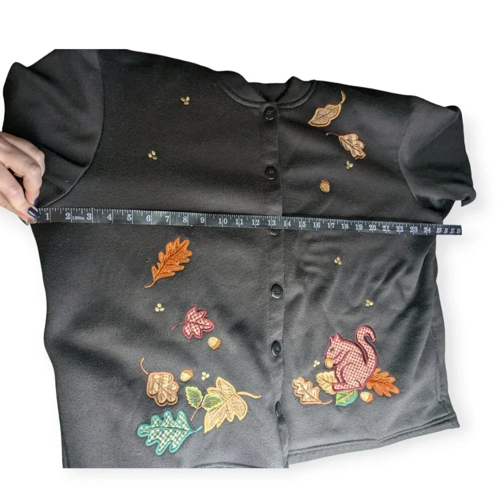 BonWorth Black Button Front Cardigan Leaf Squirrel & Fall Designs Size Large Pet